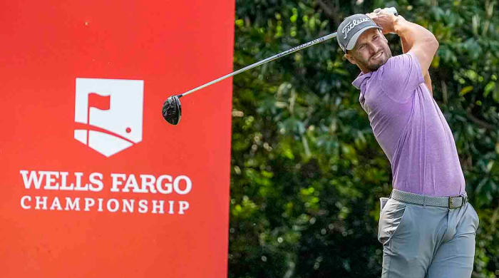 Wyndham Clark hits a tee shot during the 2023 Wells Fargo Championship in Charlotte, N.C.